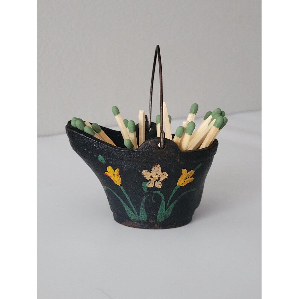 Vintage Cast Iron Mini Coal Scuttle Bucket Matchstick Match Box Holder Hand Pain